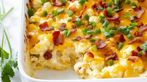 A close-up shot of loaded cauliflower casserole in a baking dish with a portion slightly taken out.