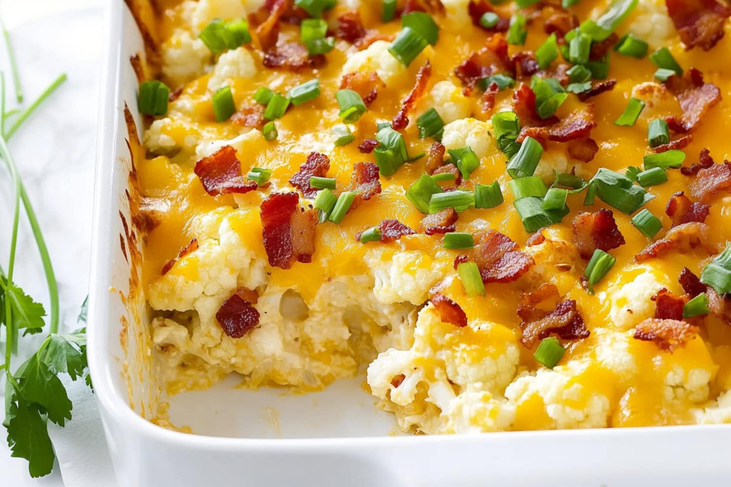 A close-up shot of loaded cauliflower casserole in a baking dish with a portion slightly taken out.