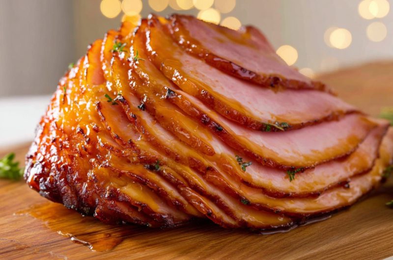Maple glazed ham in a wooden cutting board.