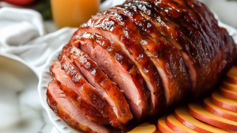 A perfectly roasted ham with a sweet maple glaze served in a white plate.