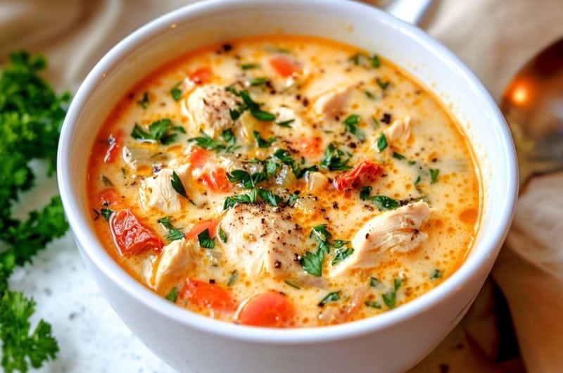 Chicken soup with creamy soup, carrots, spinach and chicken.