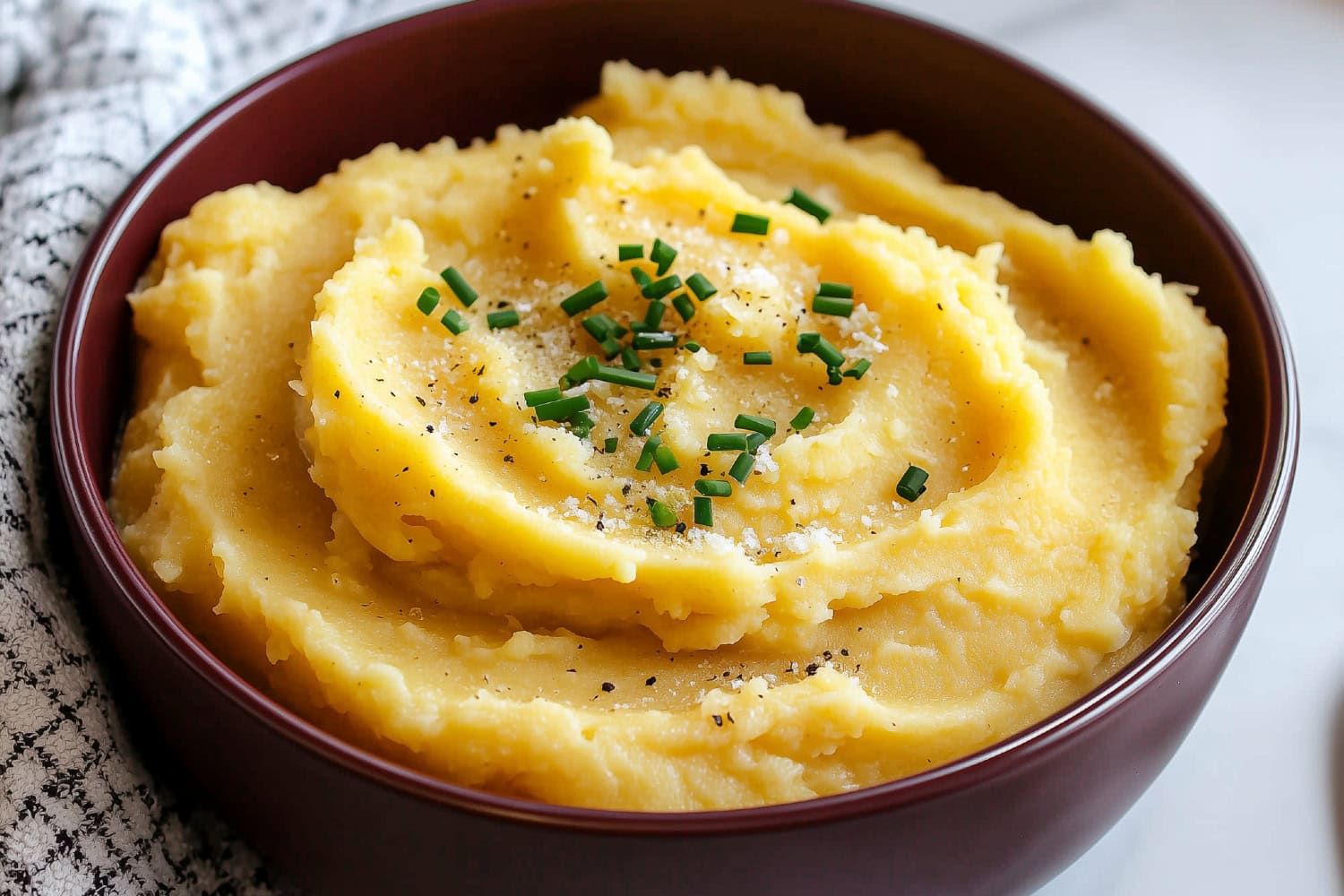 A close-up shot of mashed rutabaga topped with chives in a bowl.