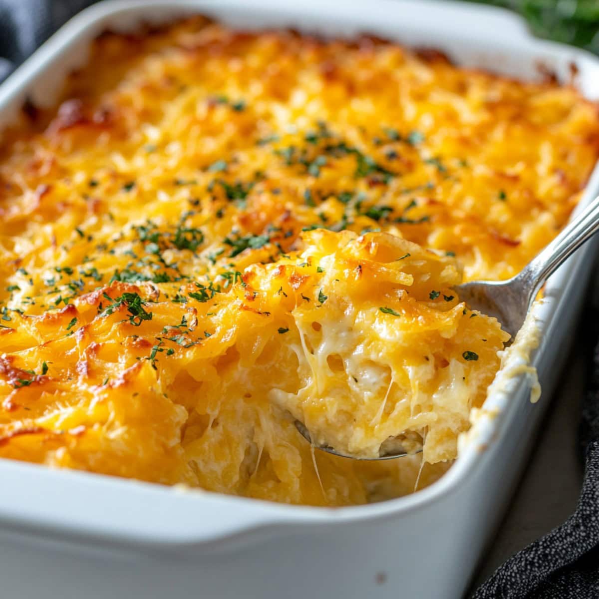 Melty Cheesy Hashbrown Casserole in a baking dish