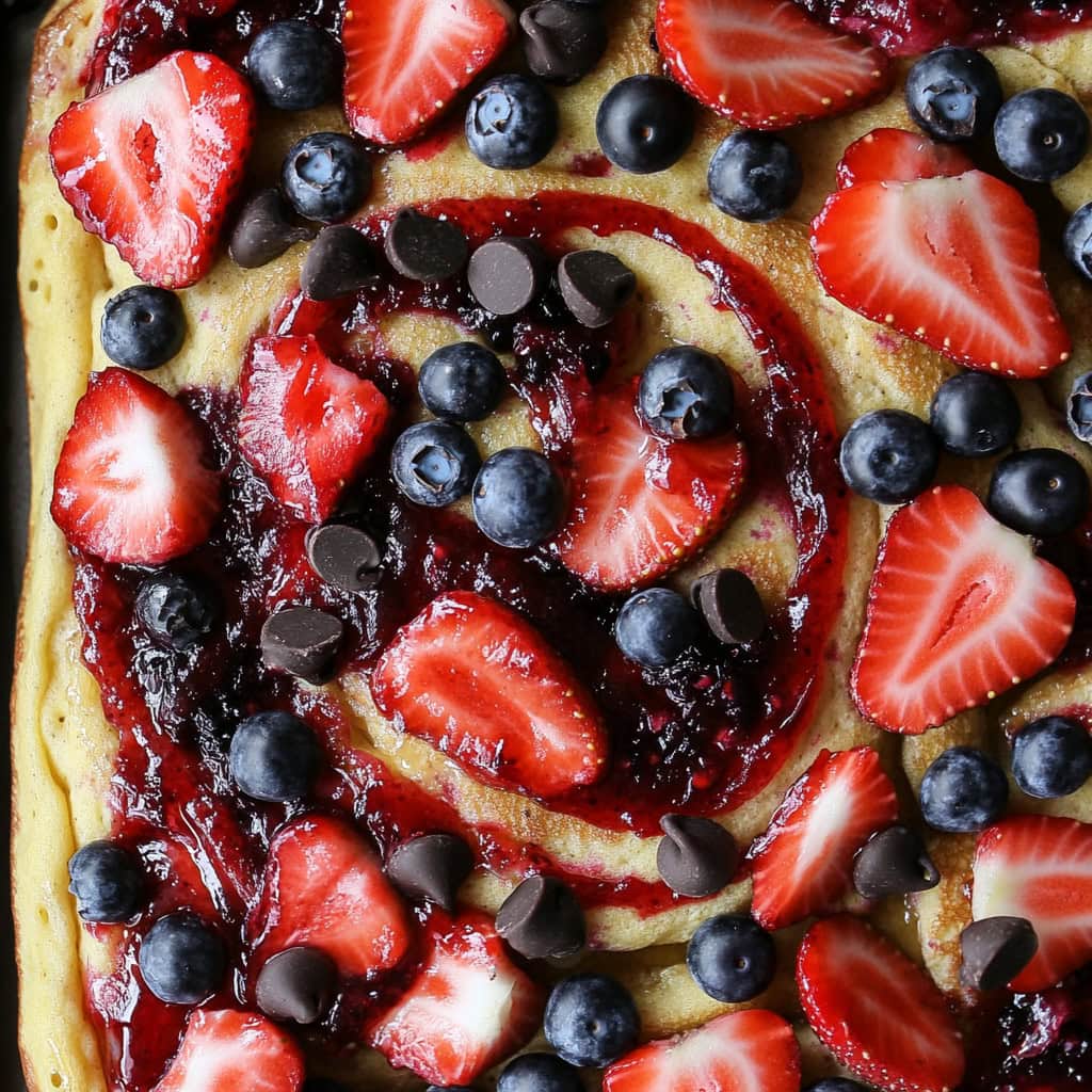 Close up of a sheet pan pancake with raspberry jam, mini chocolate chips, strawberries, and blueberries