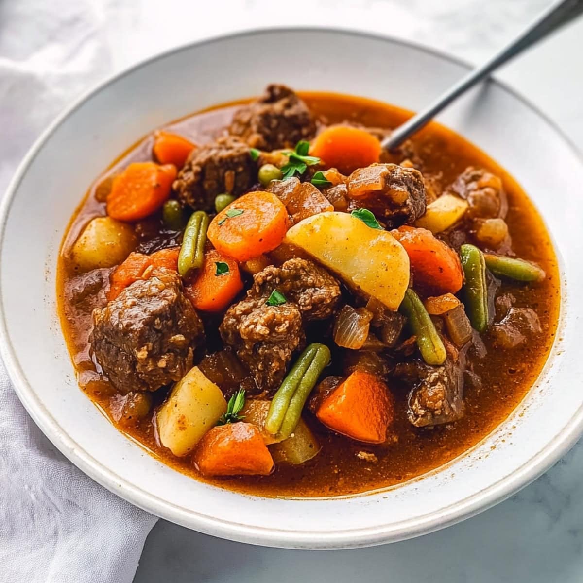 Savory homemade Mulligan stew in a bowl.