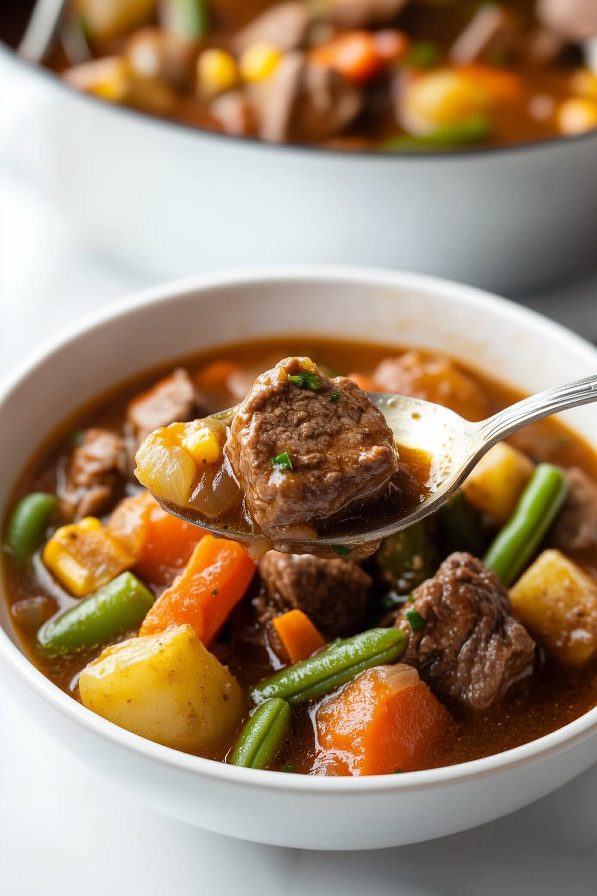 A hearty bowl of mulligan stew filled with chunks of beef, carrots, corn kernels, potatoes and green beans.