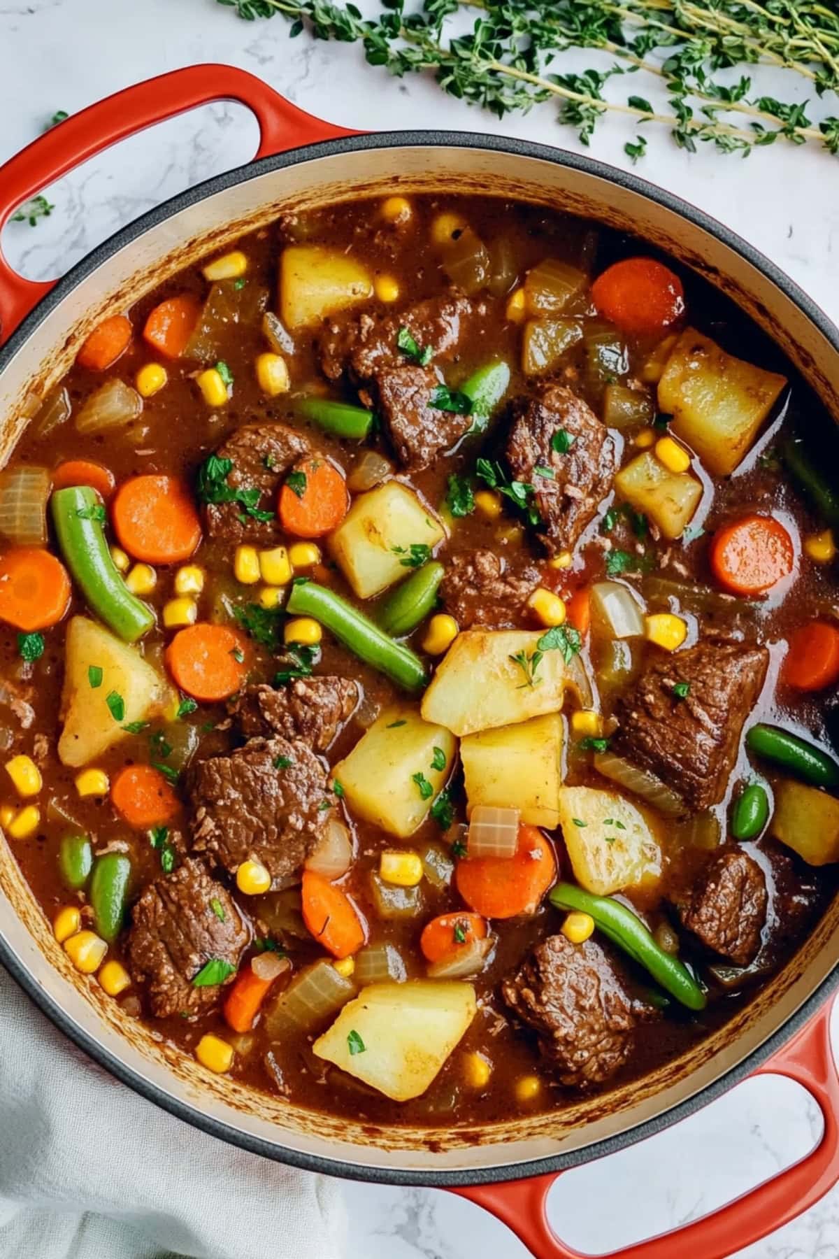 A large pot of Mulligan stew with beef chunks and veggies.