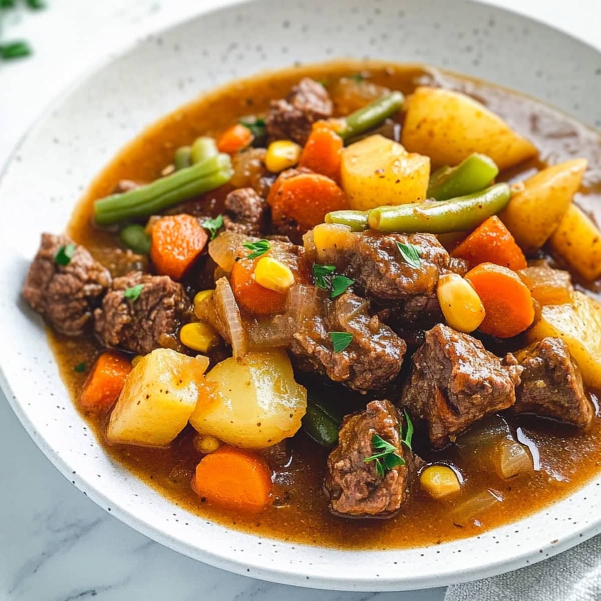 Close-up of a savory mulligan stew with tender meat, root vegetables, and a rich, thick broth served in a white bowl.