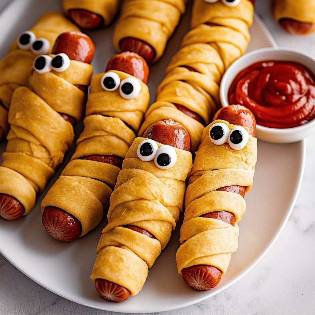 Mummy hot dogs wrapped in golden, flaky pastry with small candy eyes