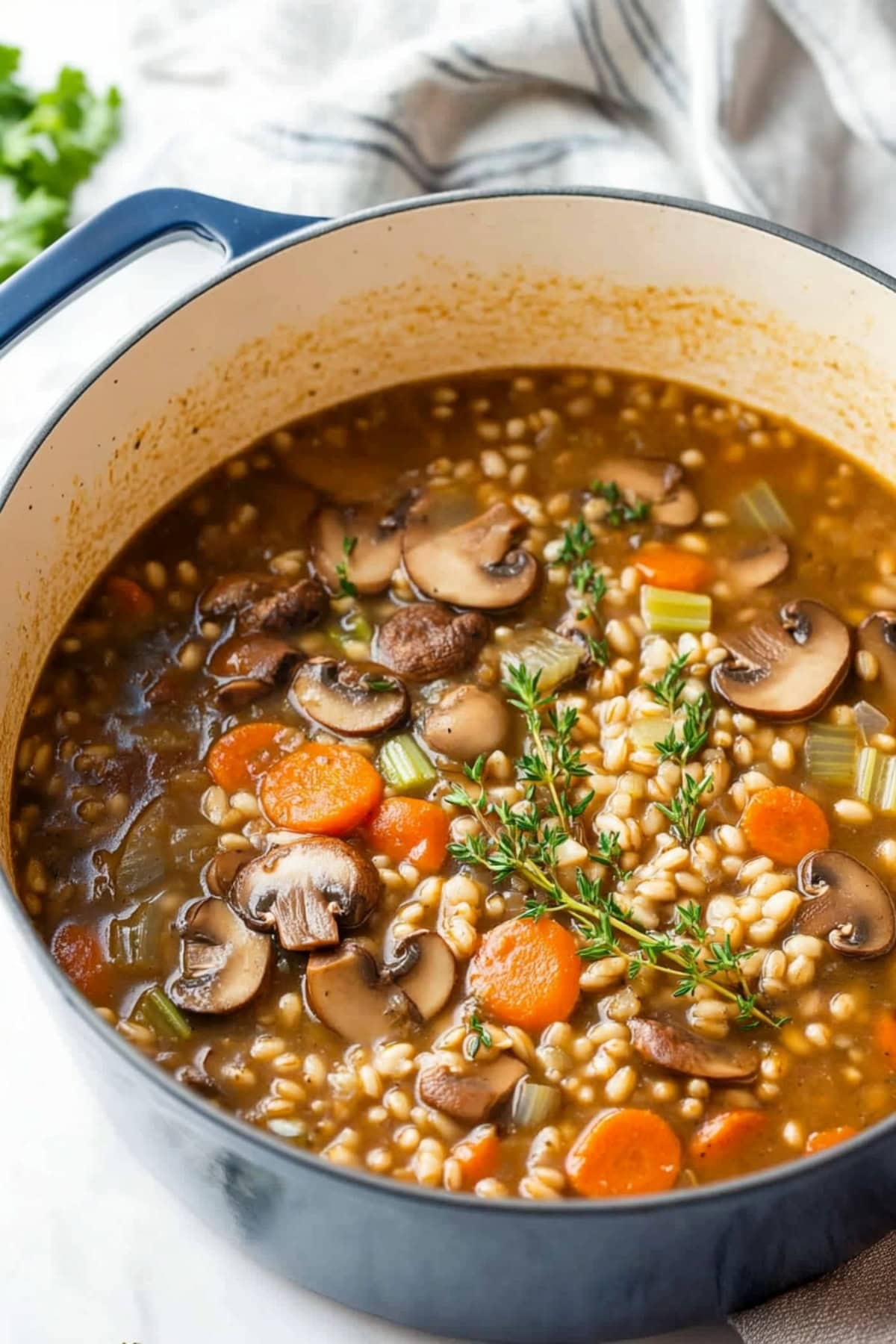 A large pot of mushroom barley soup. 