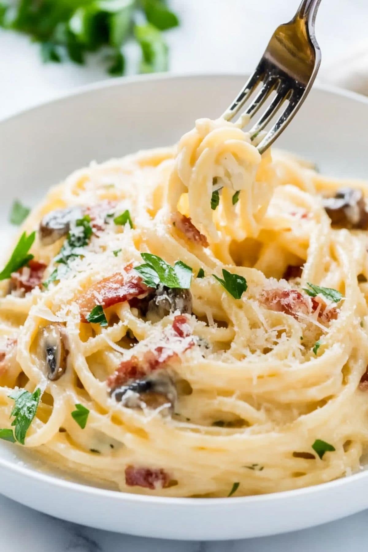 Fork twirling pasta carbonara with mushroom and chopped bacon in creamy sauce served in a white plate.