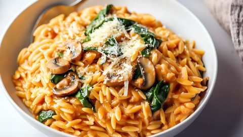 Mushroom orzo pasta with baby spinach served in a white bowl.