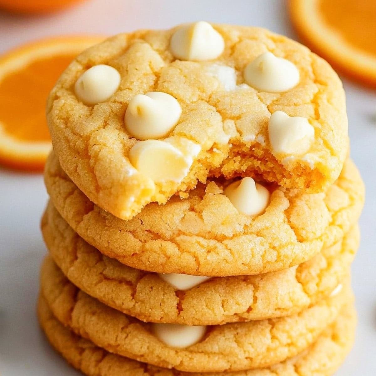 Orange creamsicle cookies stacked, one cookie is slightly taken out showing its texture.