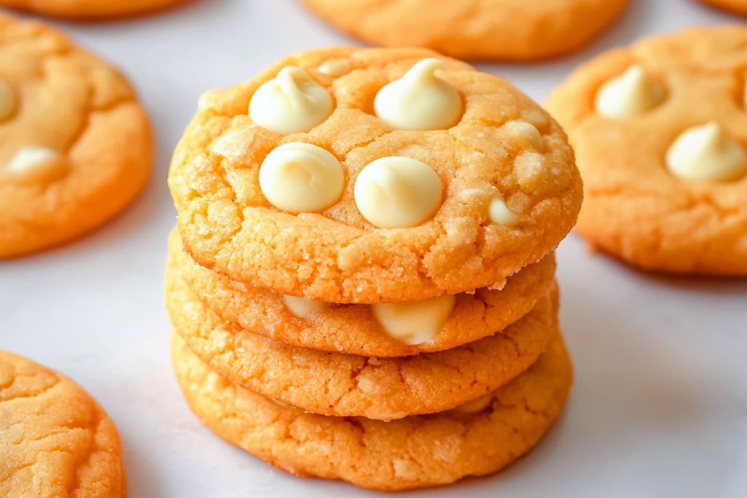 A close-up of freshly baked orange creamsicle cookies with white chocolate chips.