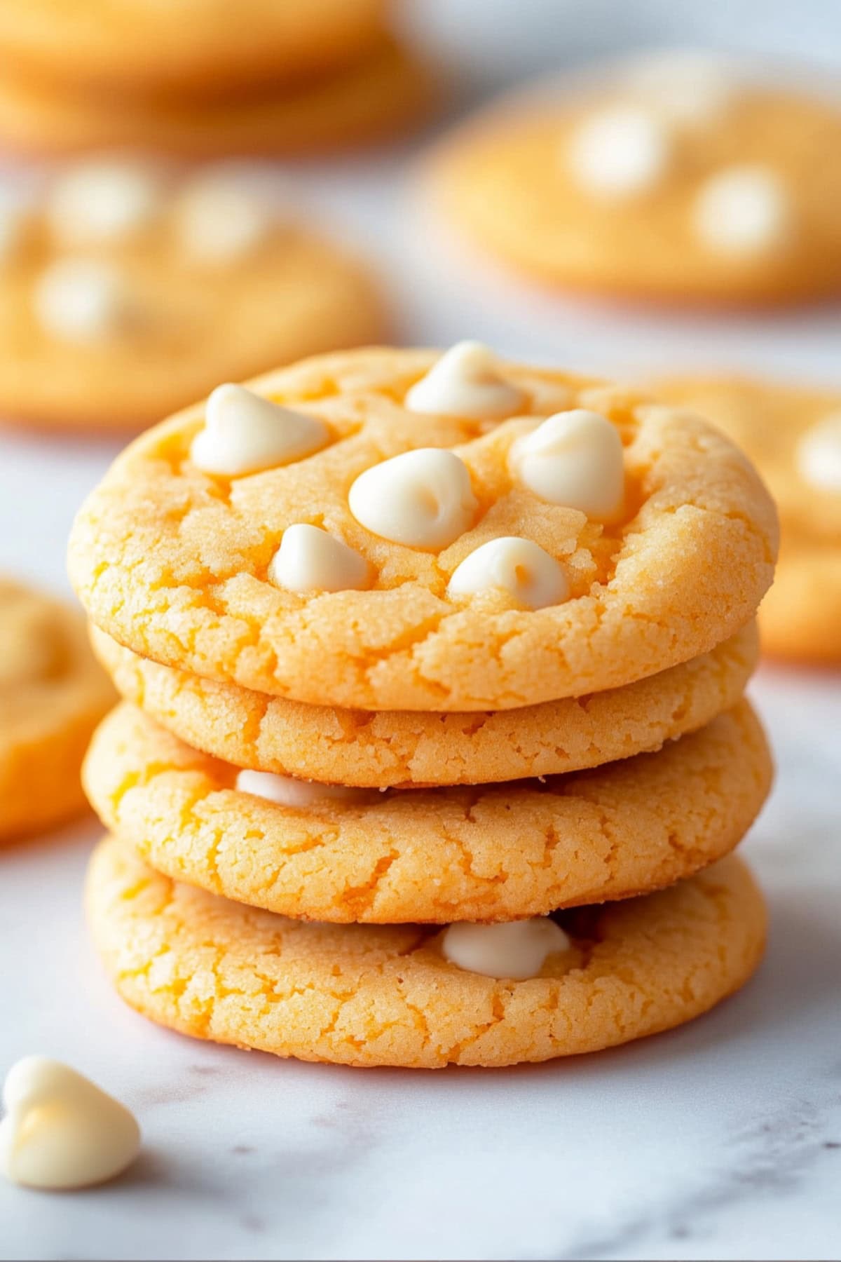 Homemade orange creamsicle cookies with white chocolate chips.