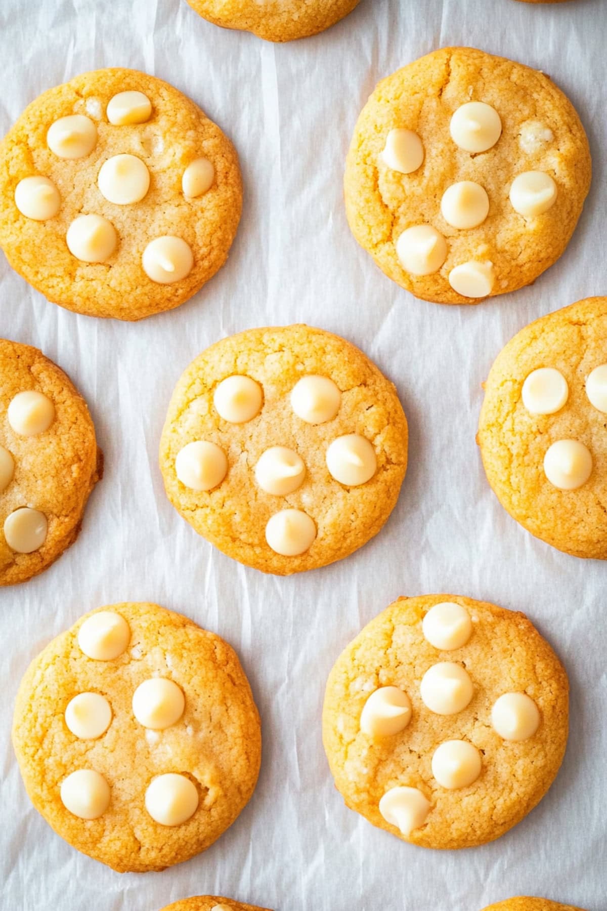 An overhead view of orange creamsicle cookies on parchment paper.