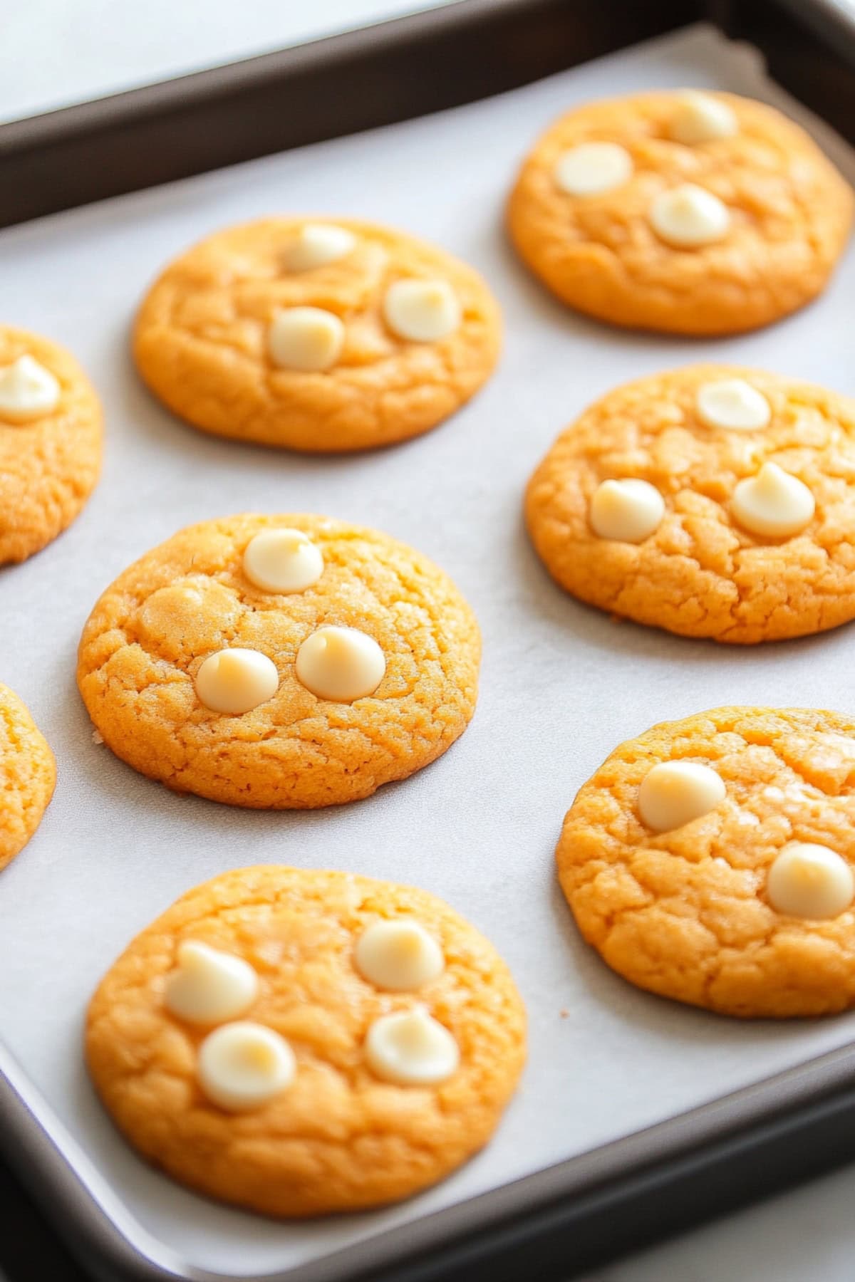 A baking sheet of orange creamsicle cookies with chocolate chips.