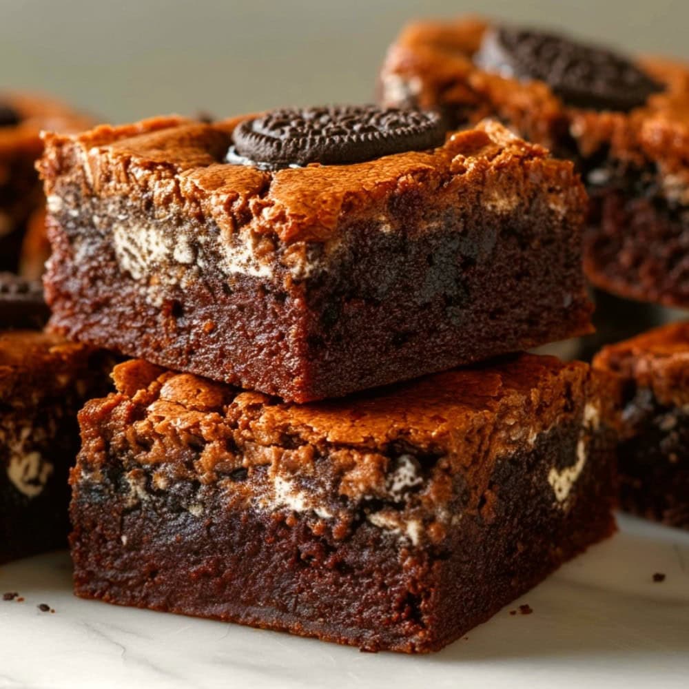 Close-up of Oreo brownies on a white marble table.