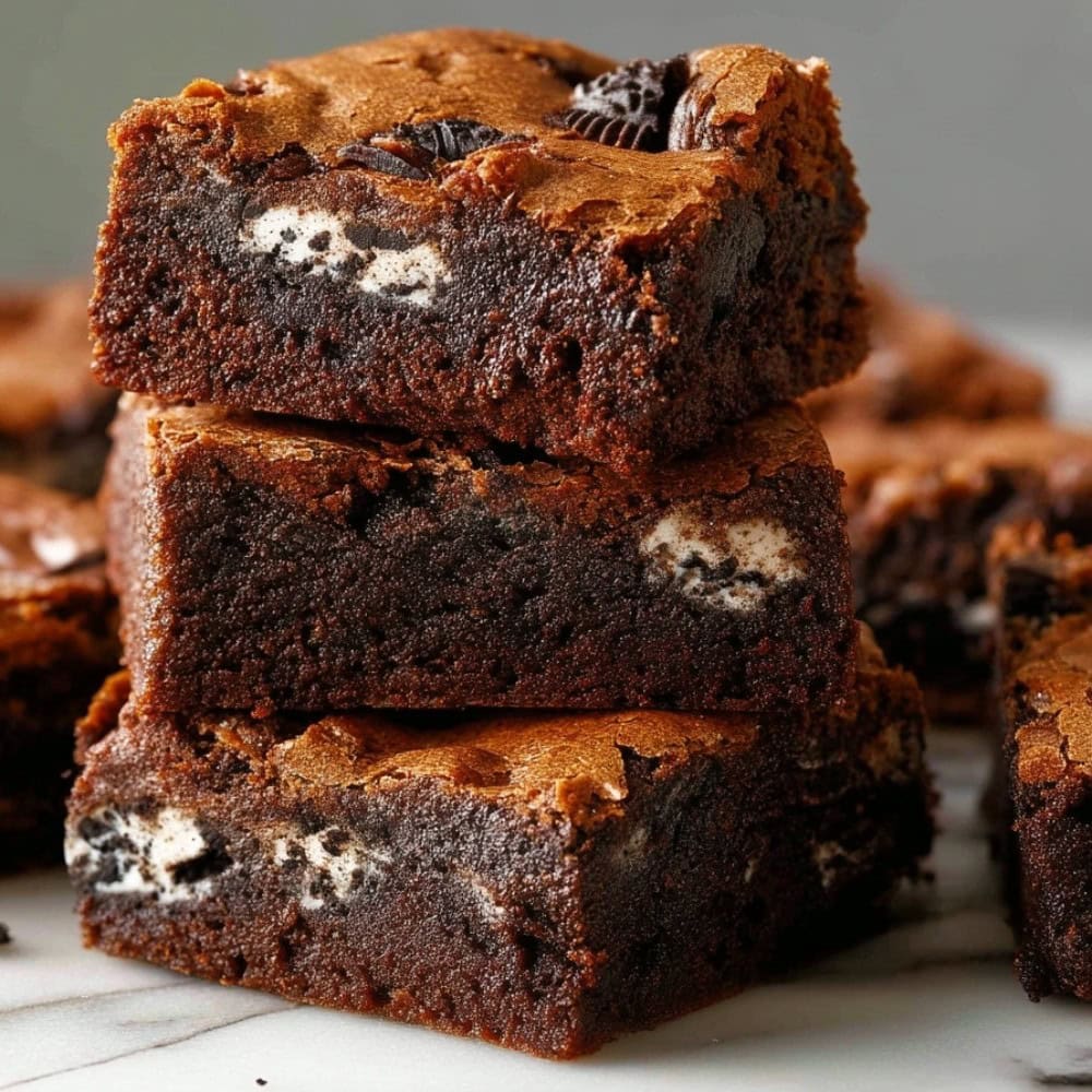 Fudgy Oreo Brownies on a white table.