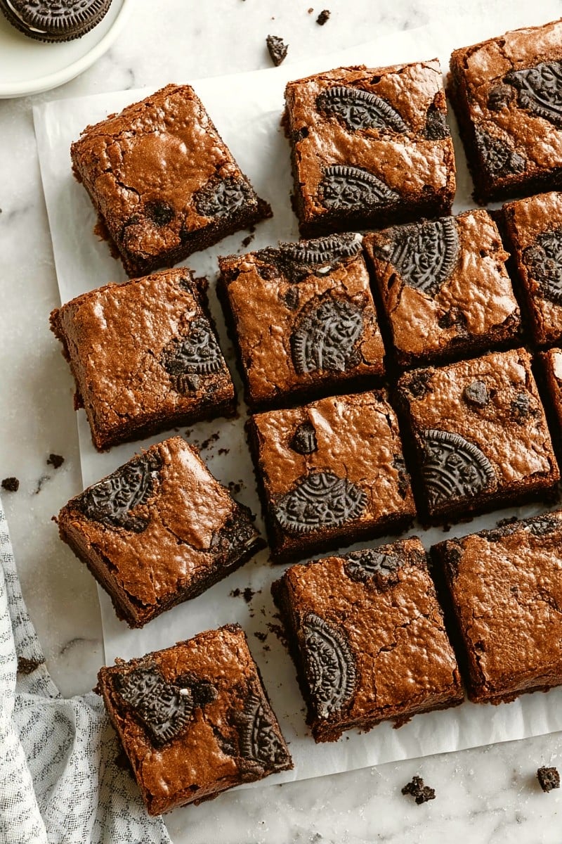 Oreo Brownies sliced into squares on parchment paper.