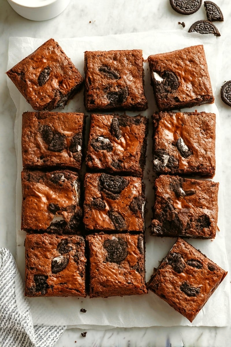 Oreo Brownies topped with crushed Oreos on a sheet of parchment paper