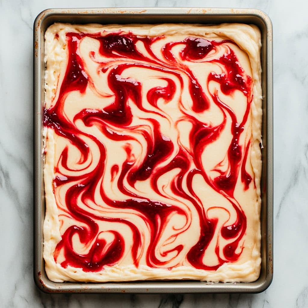 Sheet pan filled with pancake batter with red jam swirled on top