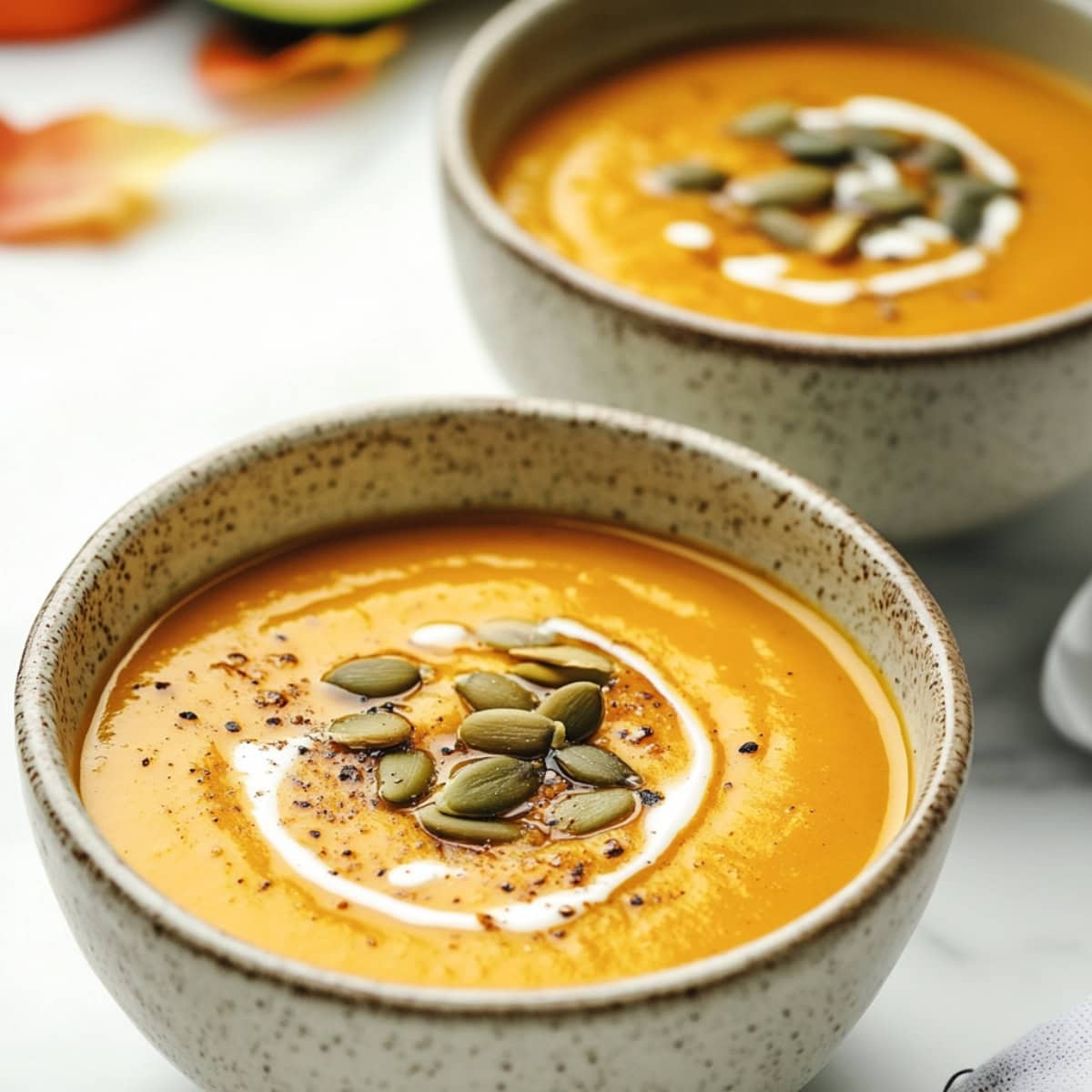 Panera autumn squash soup in two bowls