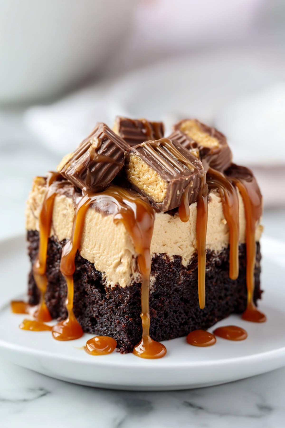 Homemade sliced chocolate peanut butter poke cake.