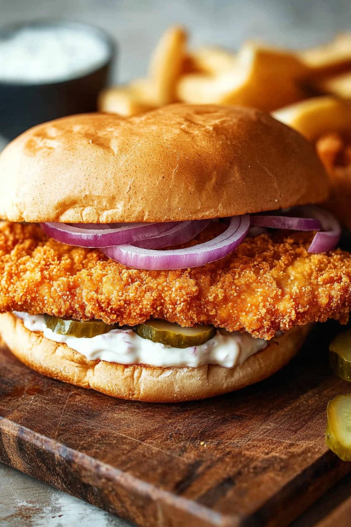 Pork Schnitzel Sandwich with Red Onions and Pickles