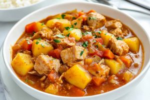 Pork stew with tomatoes, carrots, and potatoes served in a white bowl.