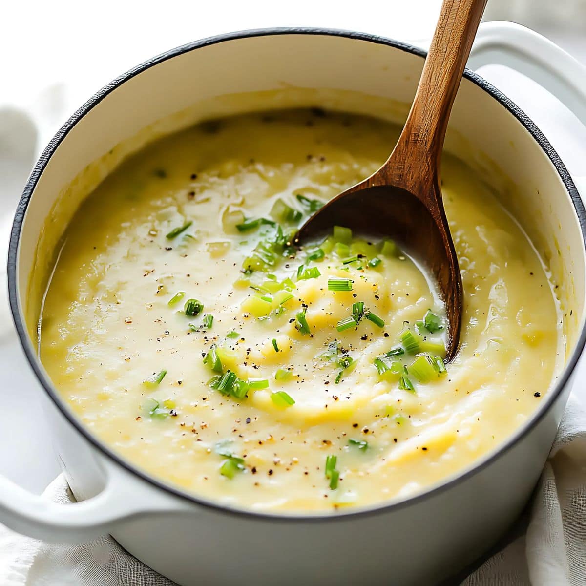 Potato soup in a Dutch oven pot. 