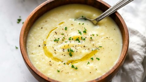 Potato leek soup served in a wooden bowl.