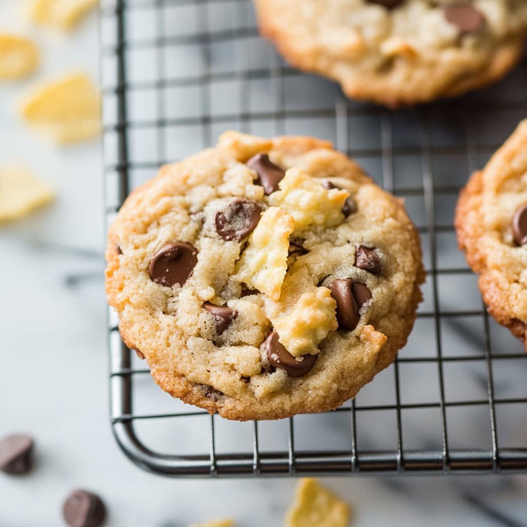 Potato chip cookies with mini chocolate chips on a wire rack