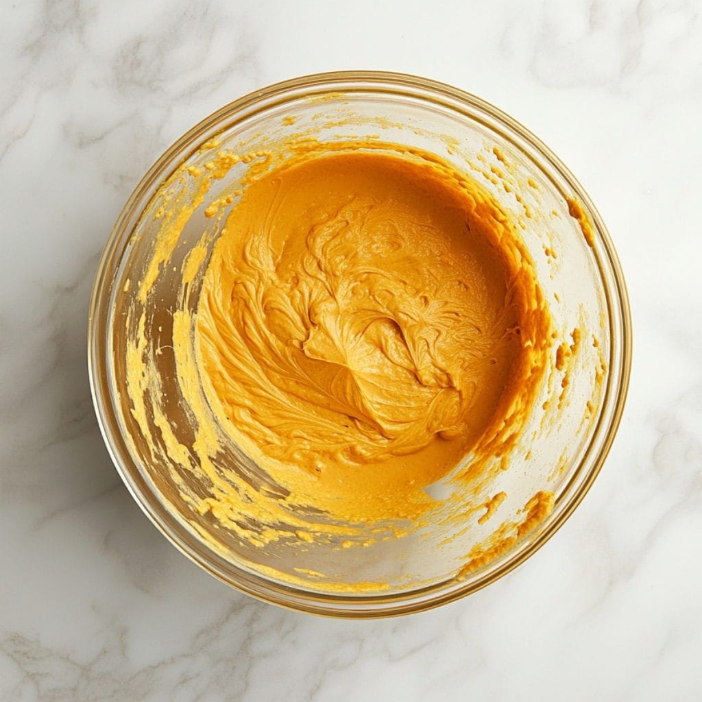 Pumpkin Muffin Batter in a glass bowl, top view