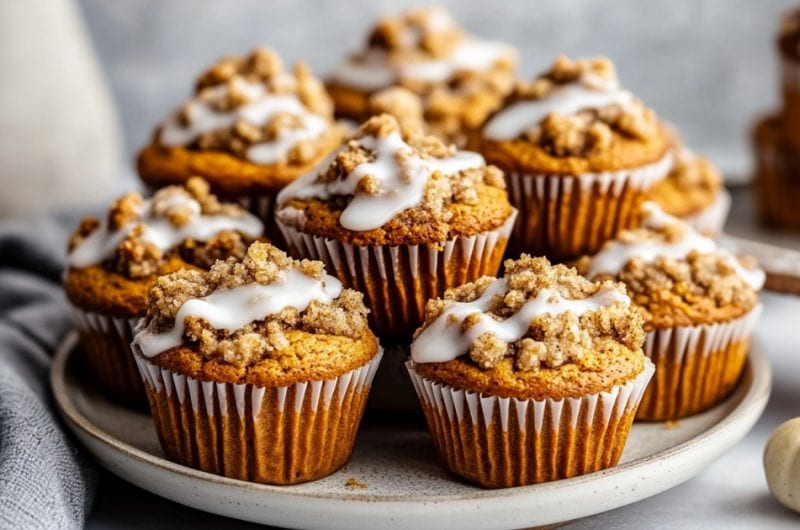 Pumpkin Muffins with Crumb Topping and sweet glaze