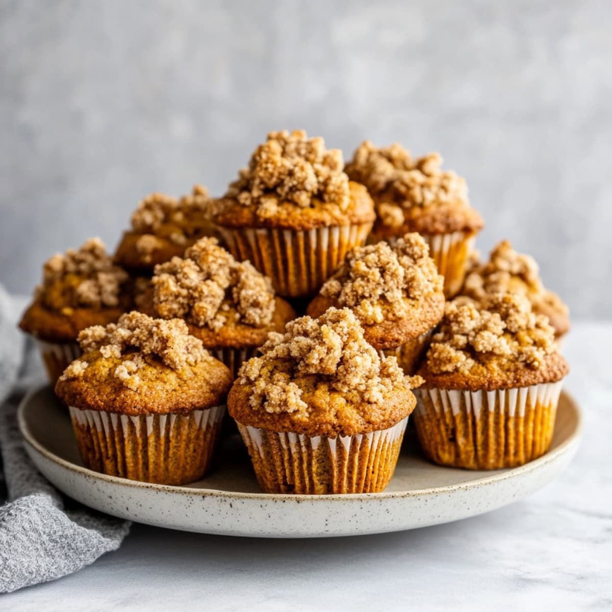 Pumpkin Streusel Muffins piled on a Plate