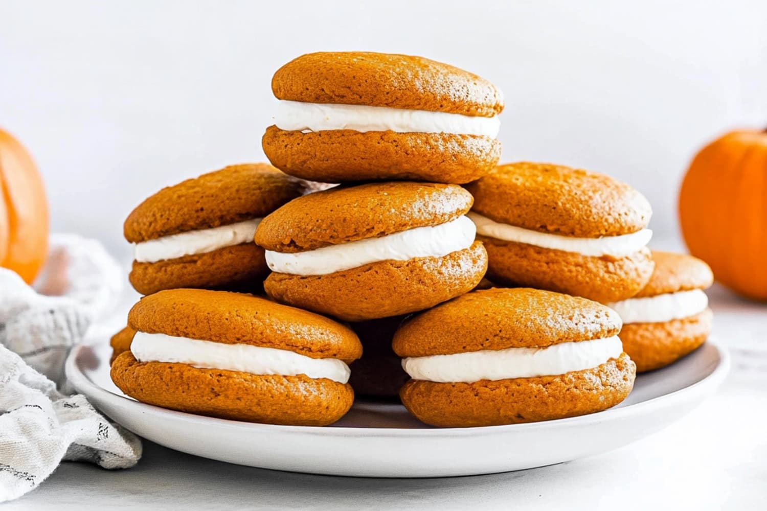 A plate of soft, golden pumpkin whoopie pies with a rich cream filling.