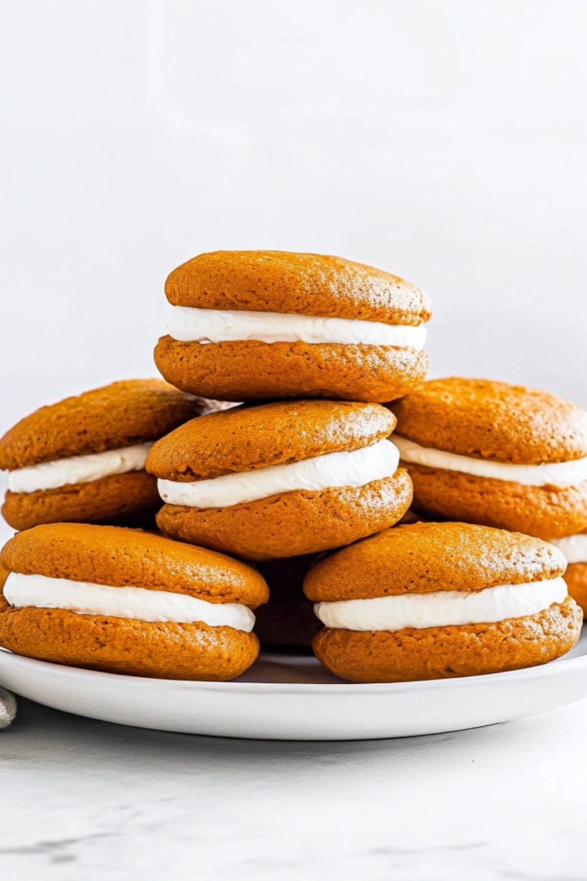 Close-up of baked pumpkin whoopie pies with creamy filling.