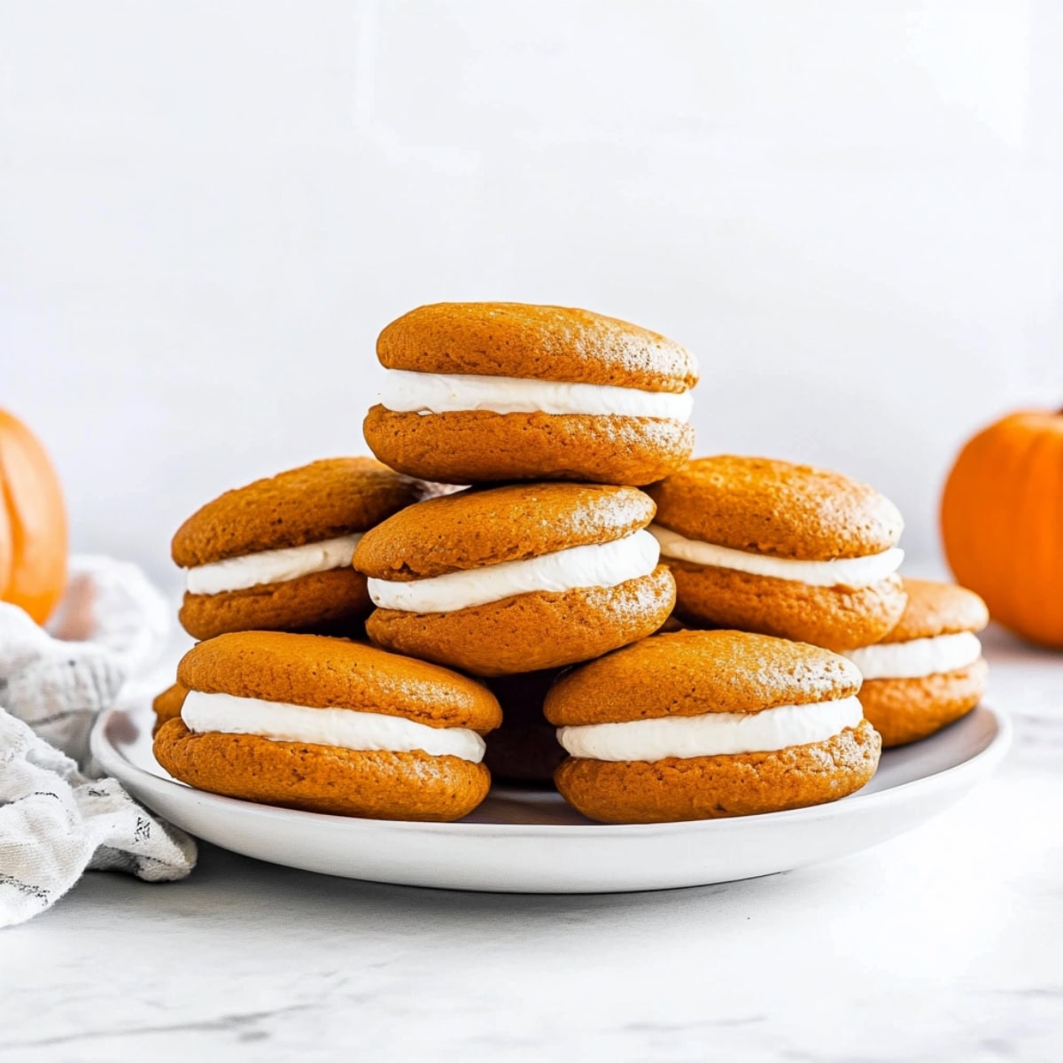 Homemade pumpkin whoopie pies stacked on a plate.