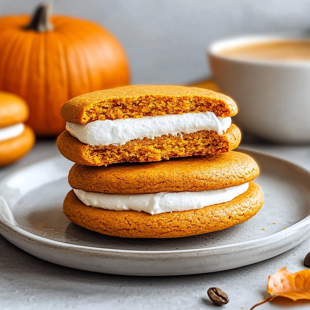 Pumpkin whoopie pies on a plate with a pumpkin and coffee in the background