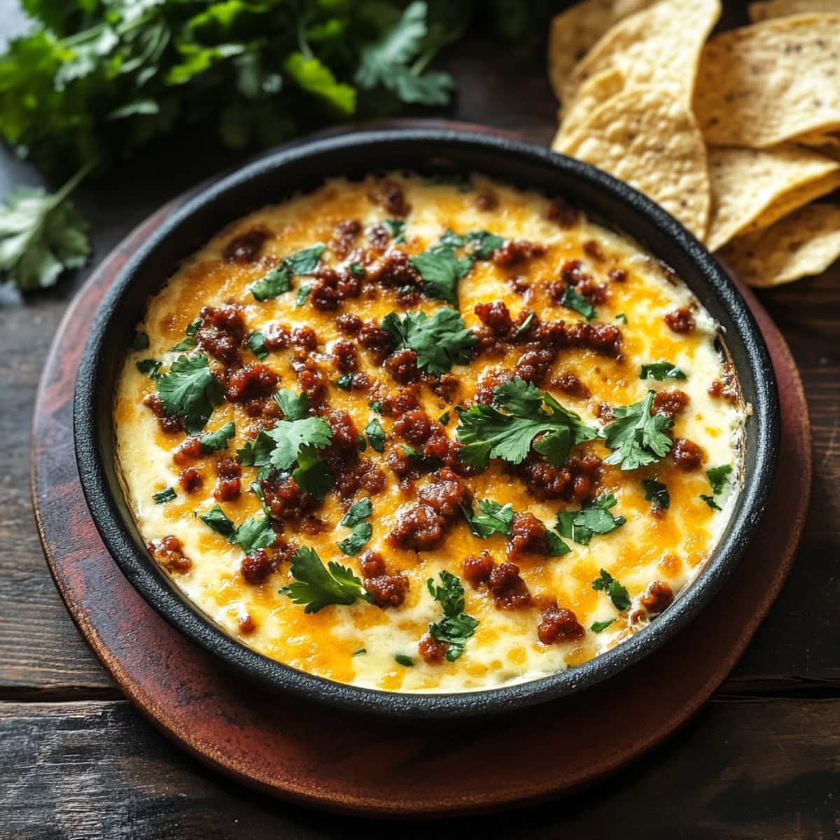 Queso Fundido in a Black Skillet, top view