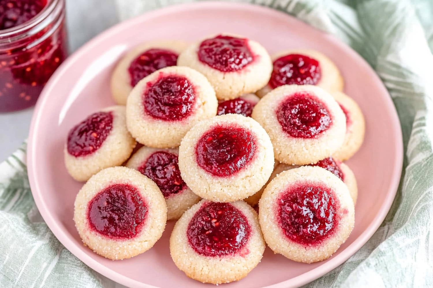 Plate of homemade thumbprint cookies filled with vibrant red jam.