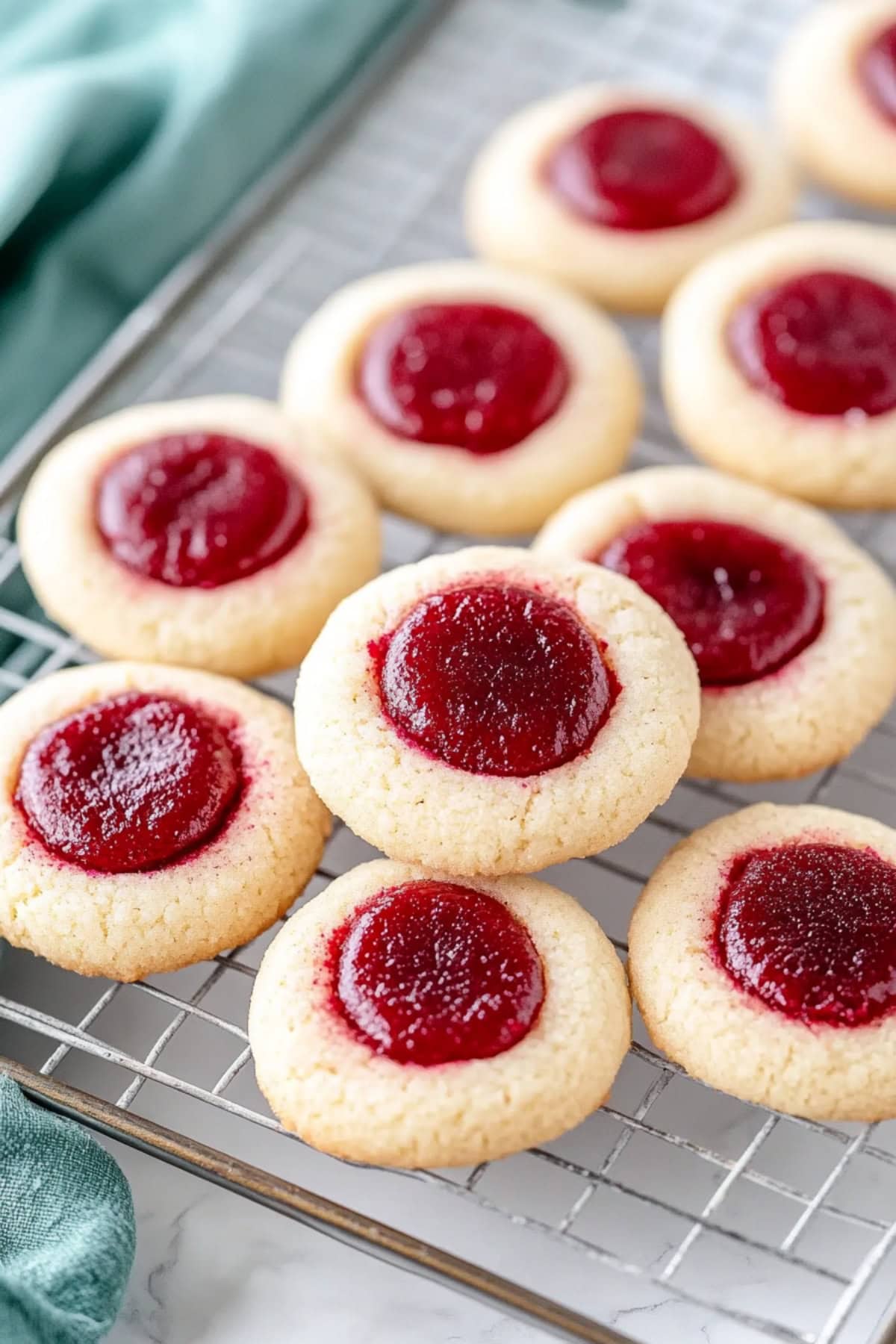 A cooling rack of raspberry thumbprint cookies.