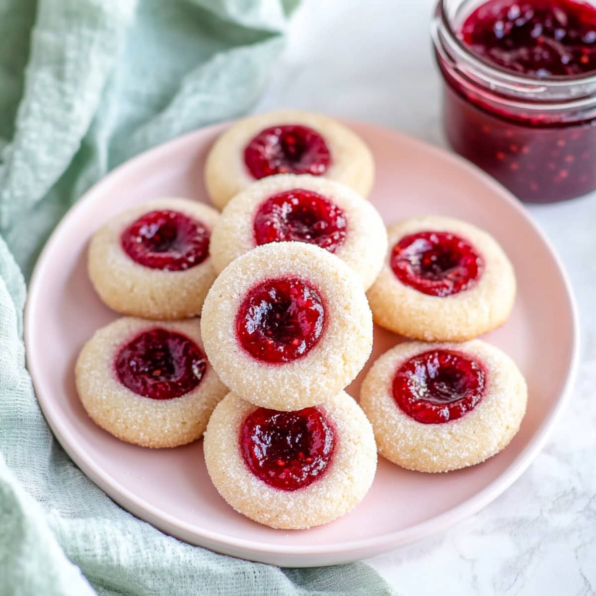 A close-up shot of raspberry thumbprint cookies with a jar of raspberry jam.