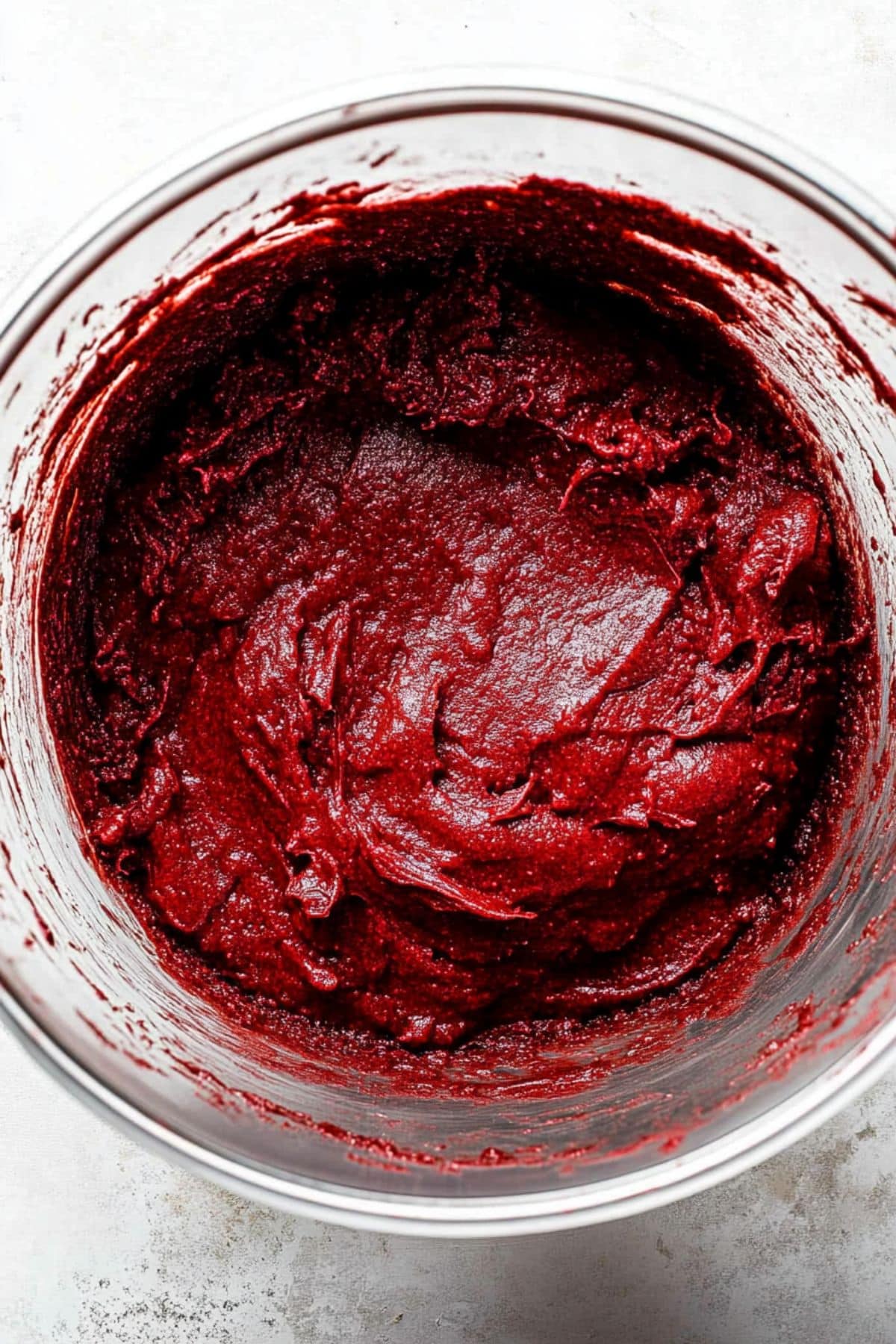 Red velvet batter in a glass bowl.