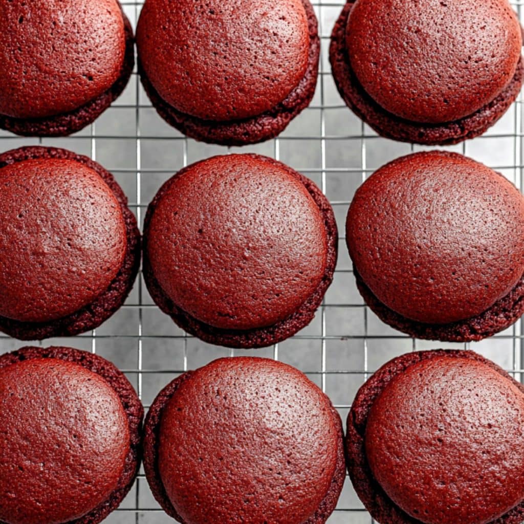 Red velvet cookies in a cooling rack.