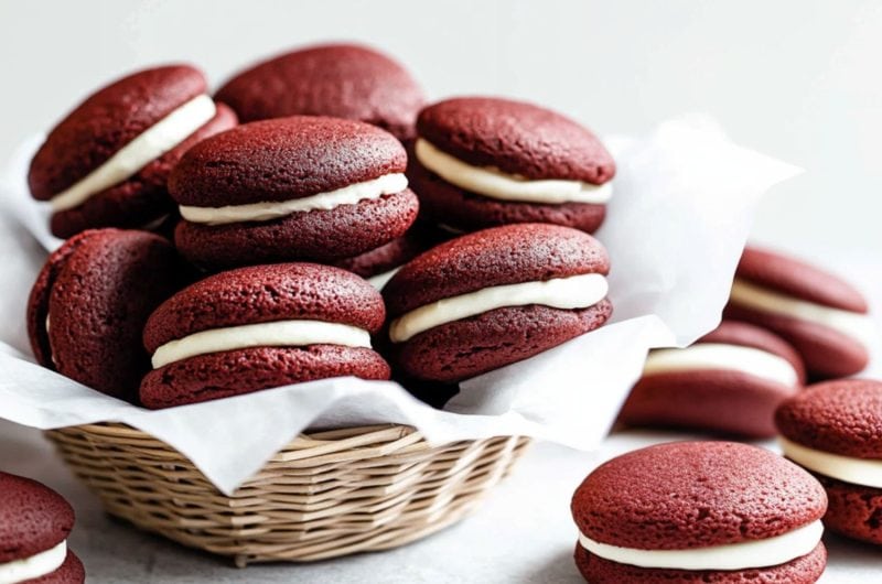 Bunch of red velvet cookies arranged in woven basket with cloth lining.