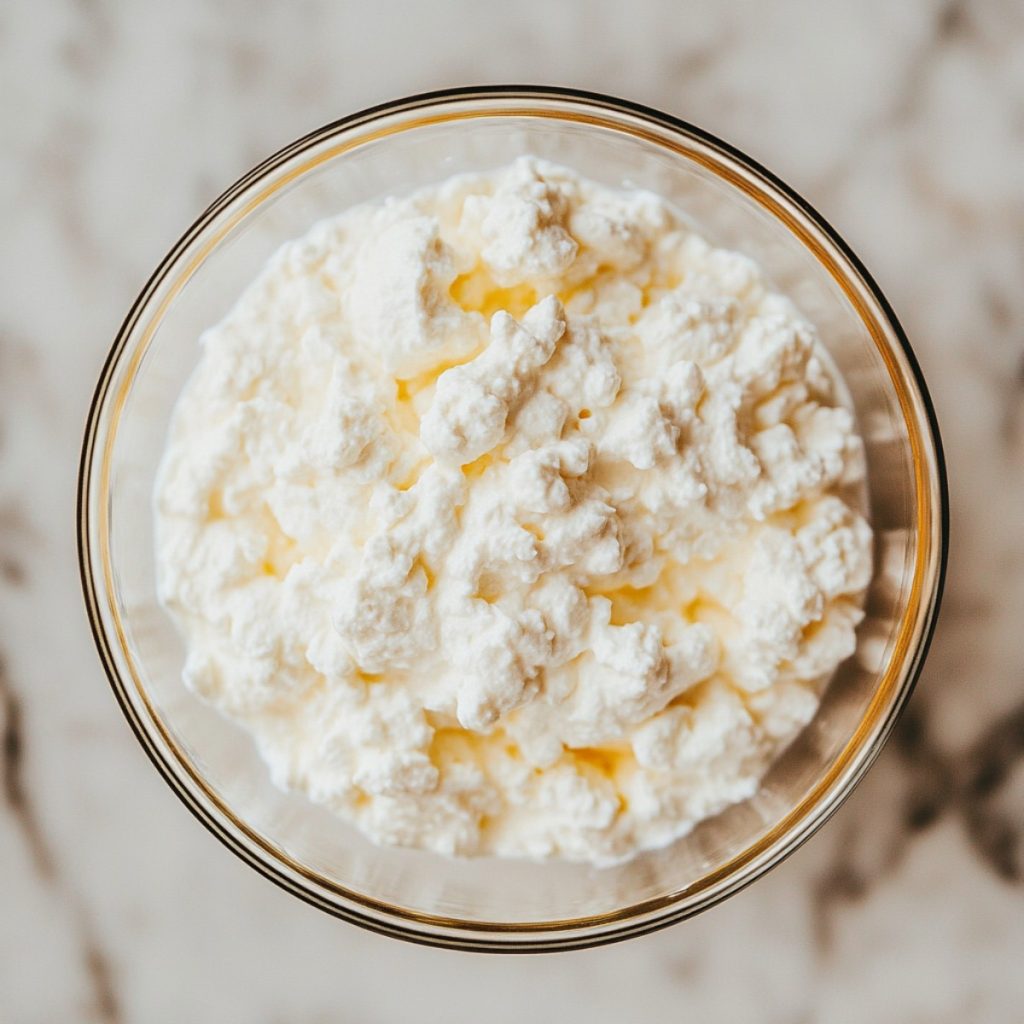 Ricotta in a glass bowl, top view