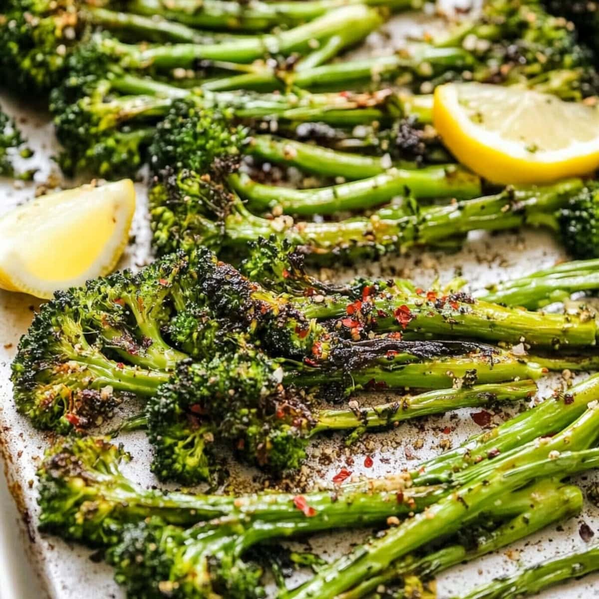 A close-up shot of roasted broccolini with lemon wedges on a baking sheet.