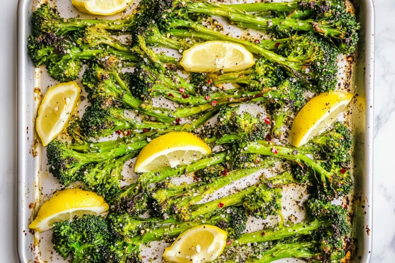 A baking sheet of roasted broccolini with lemon slices.